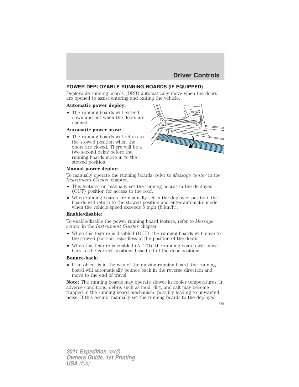 Power deployable running boards (if equipped), Driver controls | FORD 2011 Expedition User Manual | Page 95 / 395