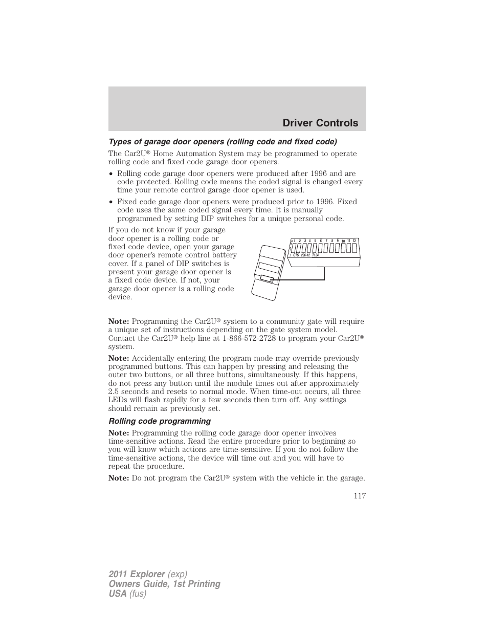 Rolling code programming, Driver controls | FORD 2011 Explorer v.1 User Manual | Page 118 / 449