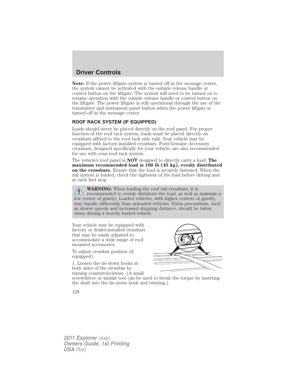 Roof rack system (if equipped), Driver controls | FORD 2011 Explorer v.1 User Manual | Page 129 / 449