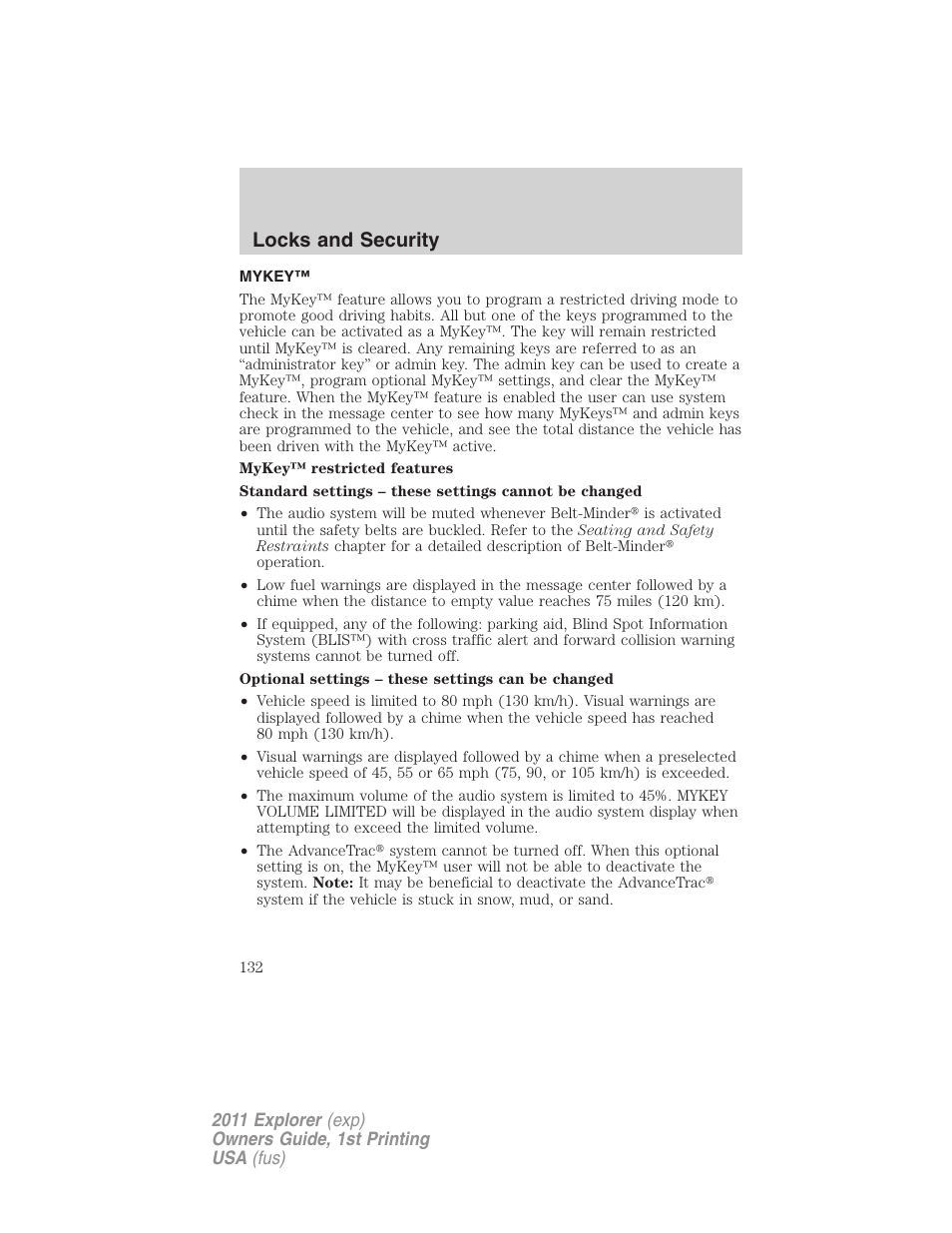 Mykey, Locks and security | FORD 2011 Explorer v.1 User Manual | Page 133 / 449
