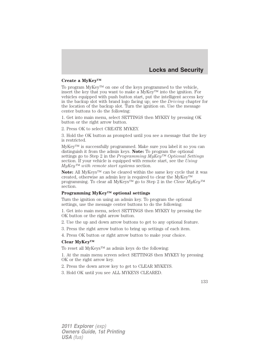 Locks and security | FORD 2011 Explorer v.1 User Manual | Page 134 / 449