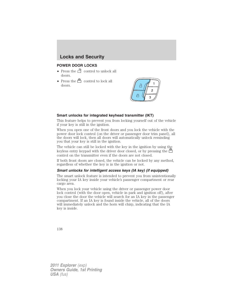 Power door locks, Locks, Locks and security | FORD 2011 Explorer v.1 User Manual | Page 139 / 449