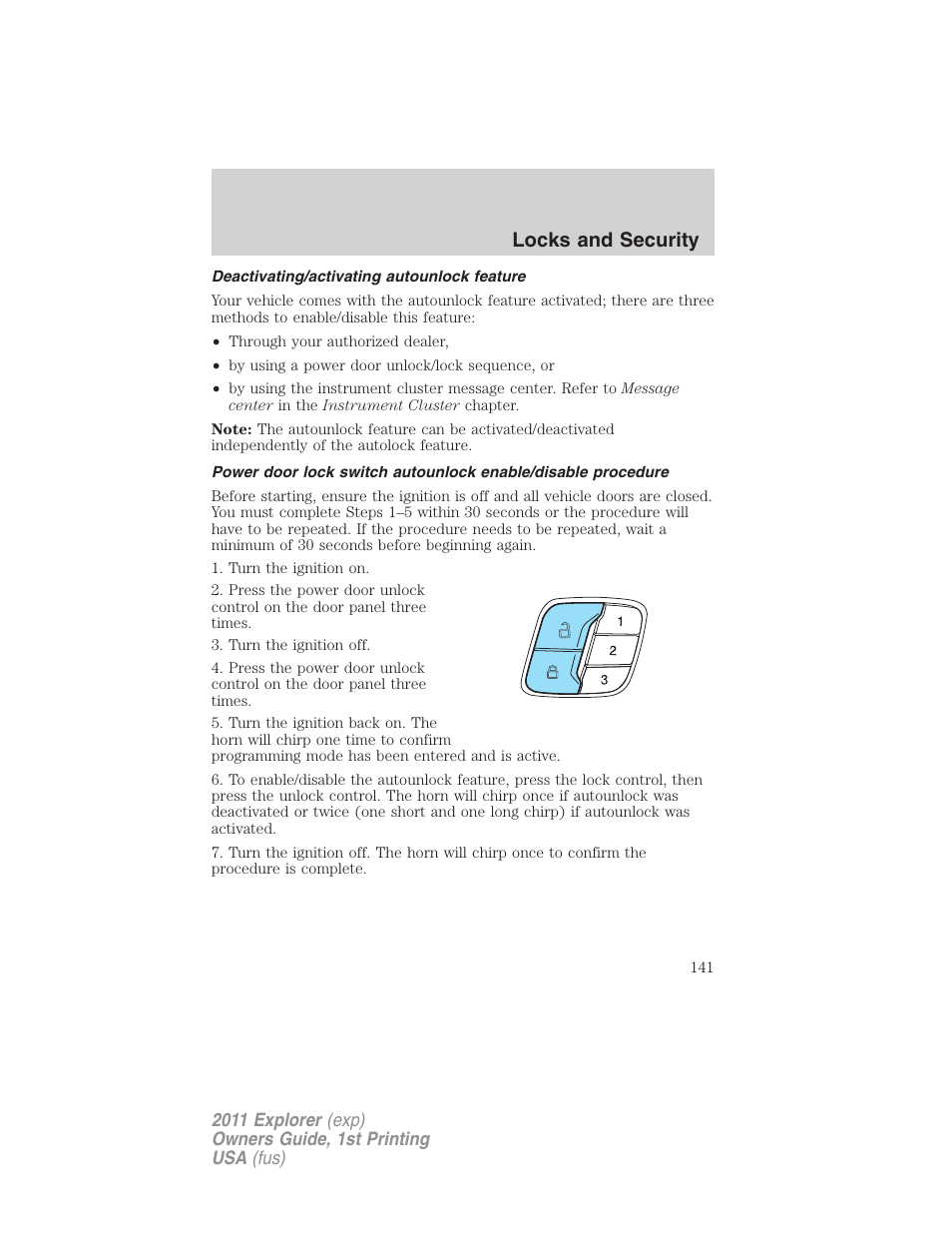 Deactivating/activating autounlock feature, Locks and security | FORD 2011 Explorer v.1 User Manual | Page 142 / 449