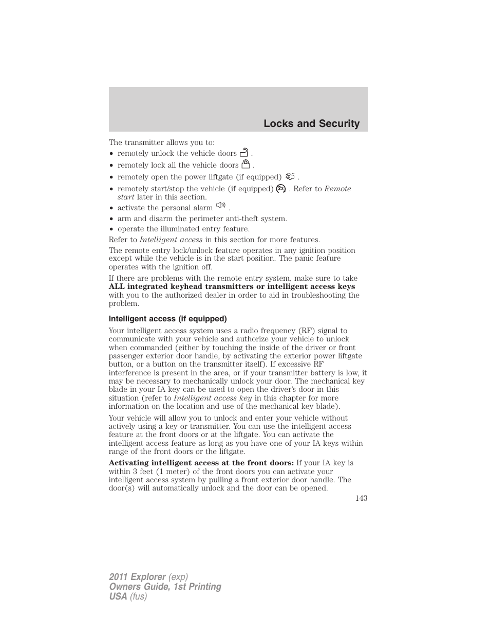 Intelligent access (if equipped), Locks and security | FORD 2011 Explorer v.1 User Manual | Page 144 / 449