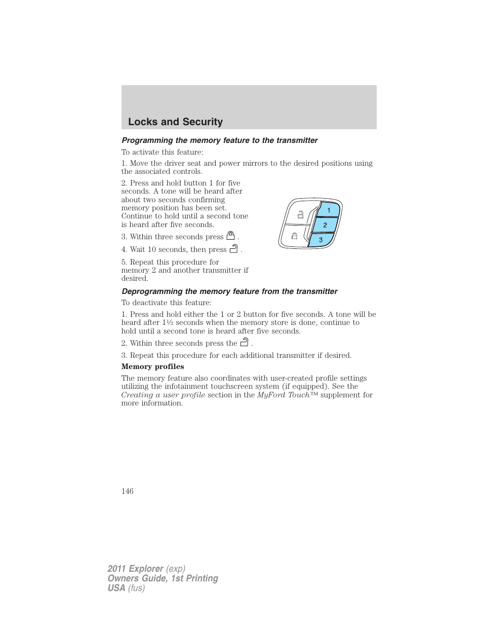 Programming the memory feature to the transmitter, Locks and security | FORD 2011 Explorer v.1 User Manual | Page 147 / 449