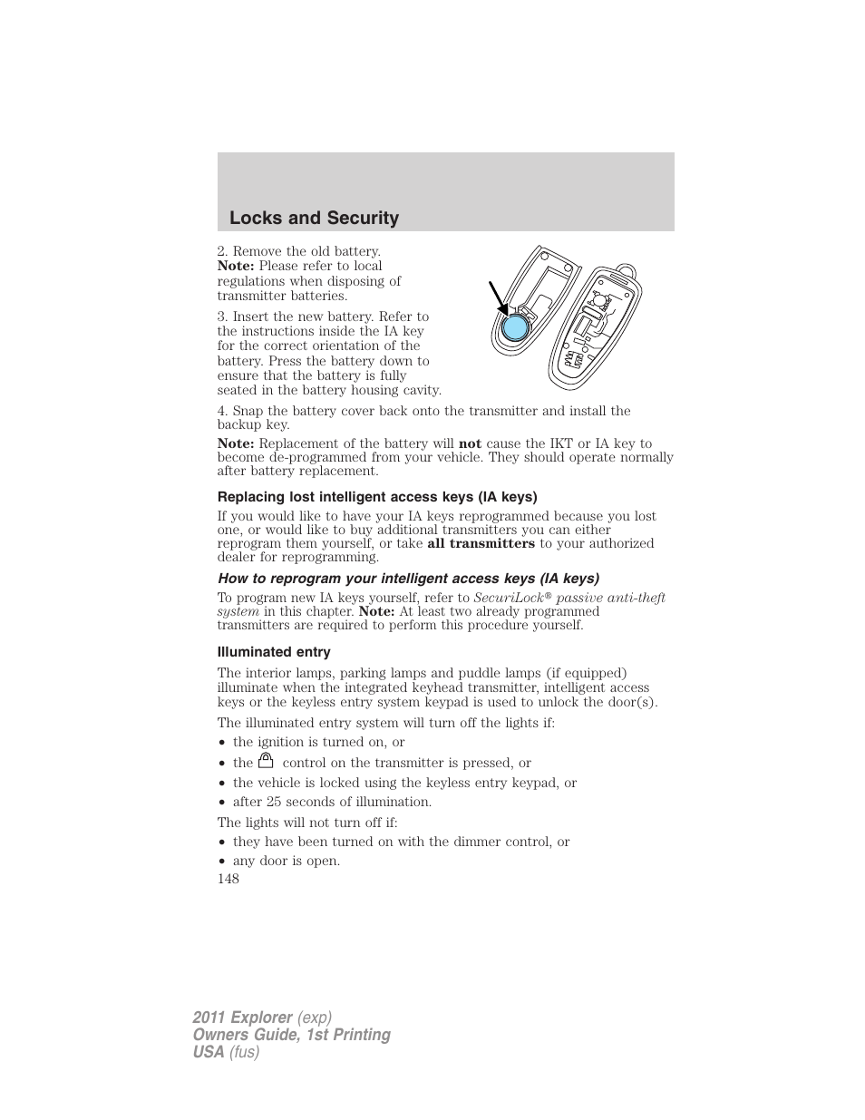 Replacing lost intelligent access keys (ia keys), Illuminated entry, Locks and security | FORD 2011 Explorer v.1 User Manual | Page 149 / 449
