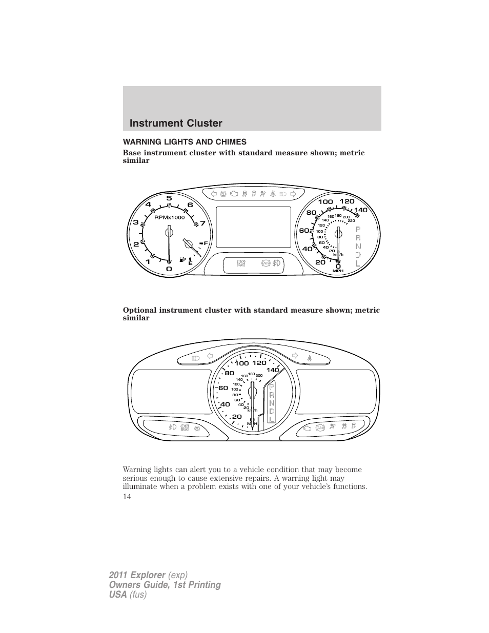 Instrument cluster, Warning lights and chimes | FORD 2011 Explorer v.1 User Manual | Page 15 / 449