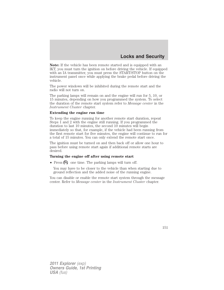 Locks and security | FORD 2011 Explorer v.1 User Manual | Page 152 / 449