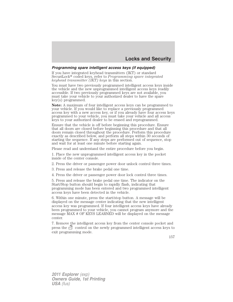 Locks and security | FORD 2011 Explorer v.1 User Manual | Page 158 / 449