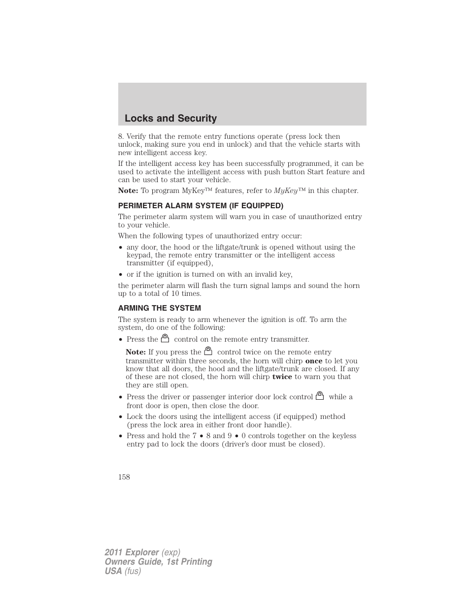 Perimeter alarm system (if equipped), Arming the system, Locks and security | FORD 2011 Explorer v.1 User Manual | Page 159 / 449