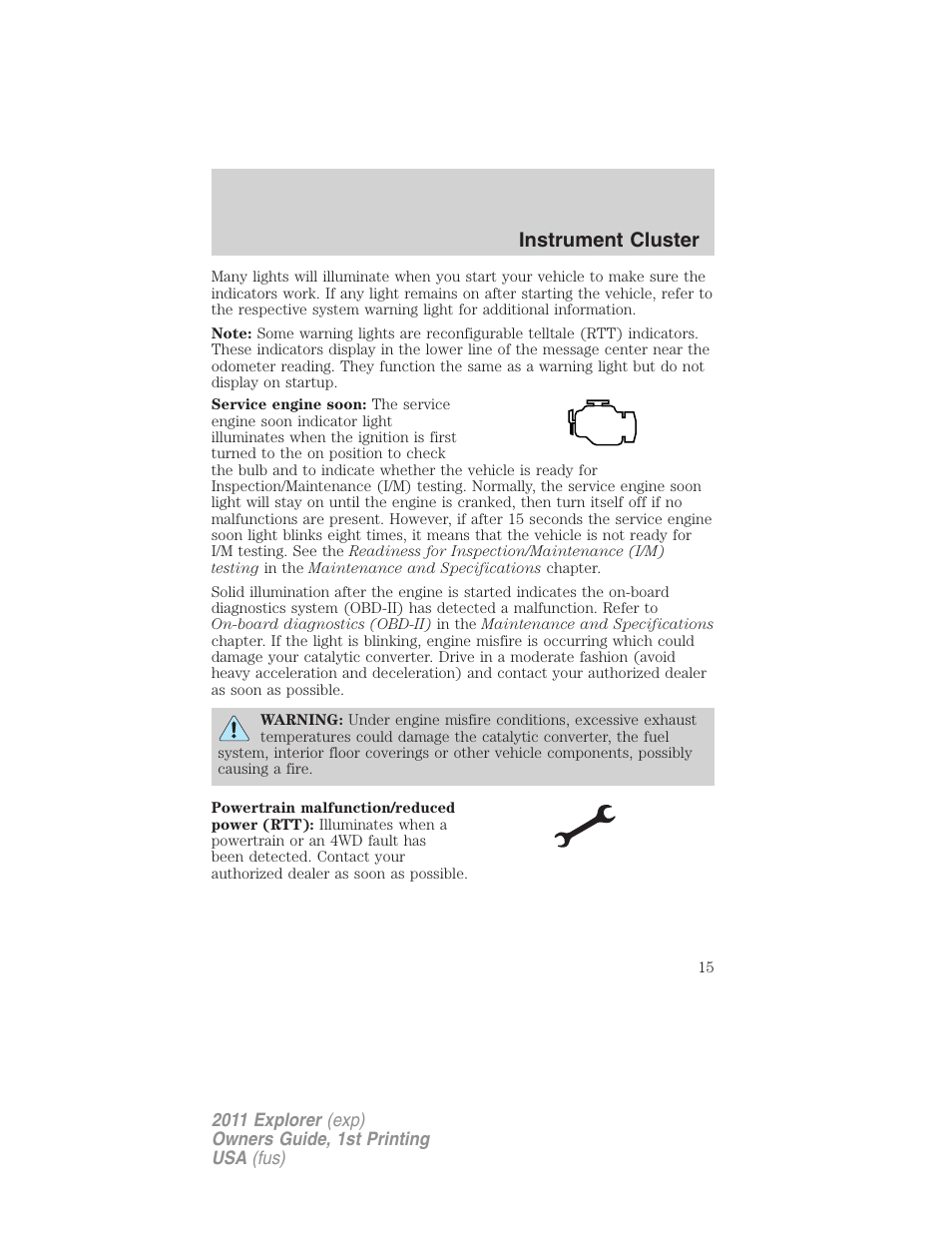 Instrument cluster | FORD 2011 Explorer v.1 User Manual | Page 16 / 449