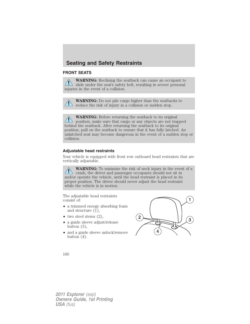 Seating and safety restraints, Front seats, Adjustable head restraints | Seating | FORD 2011 Explorer v.1 User Manual | Page 161 / 449