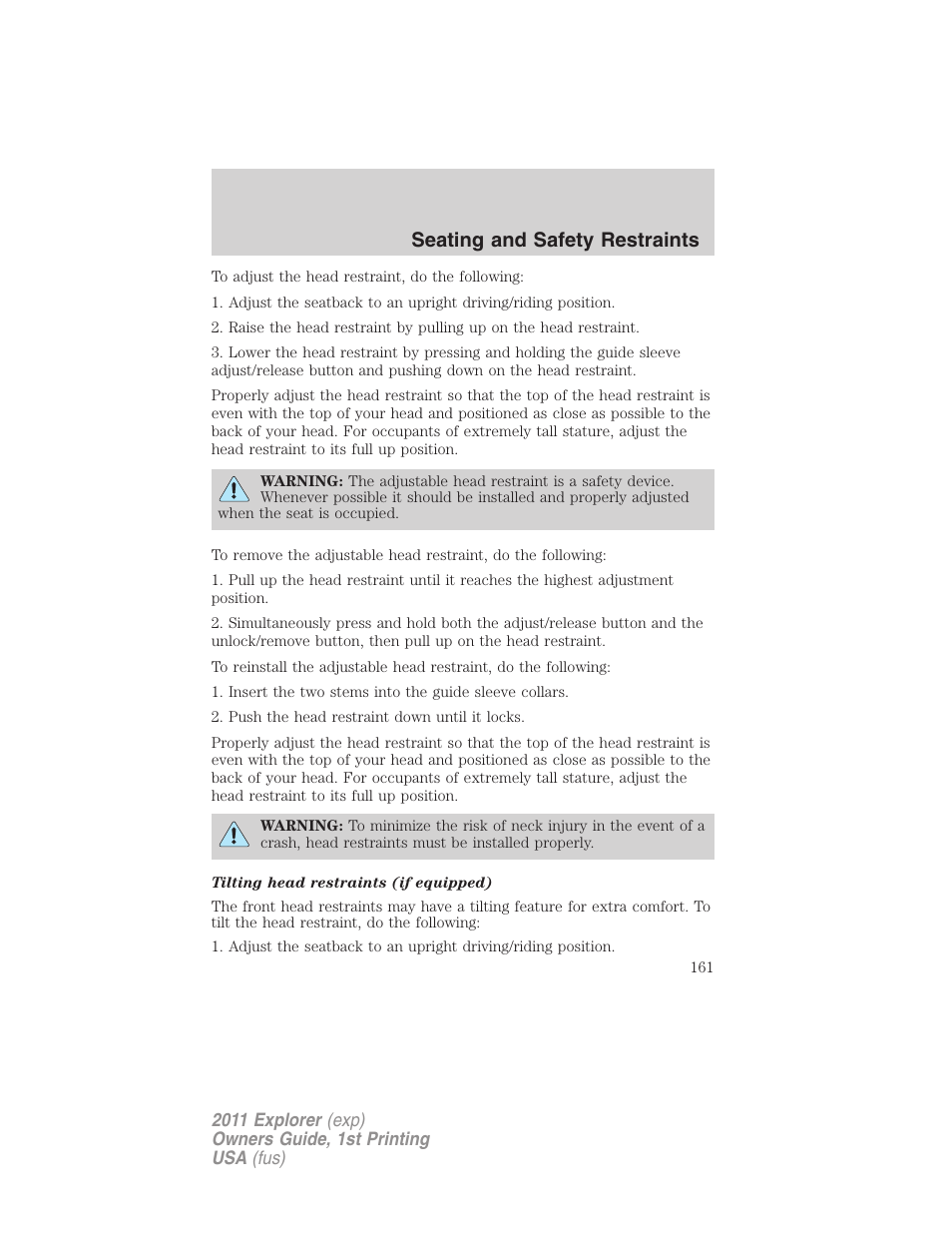 Seating and safety restraints | FORD 2011 Explorer v.1 User Manual | Page 162 / 449