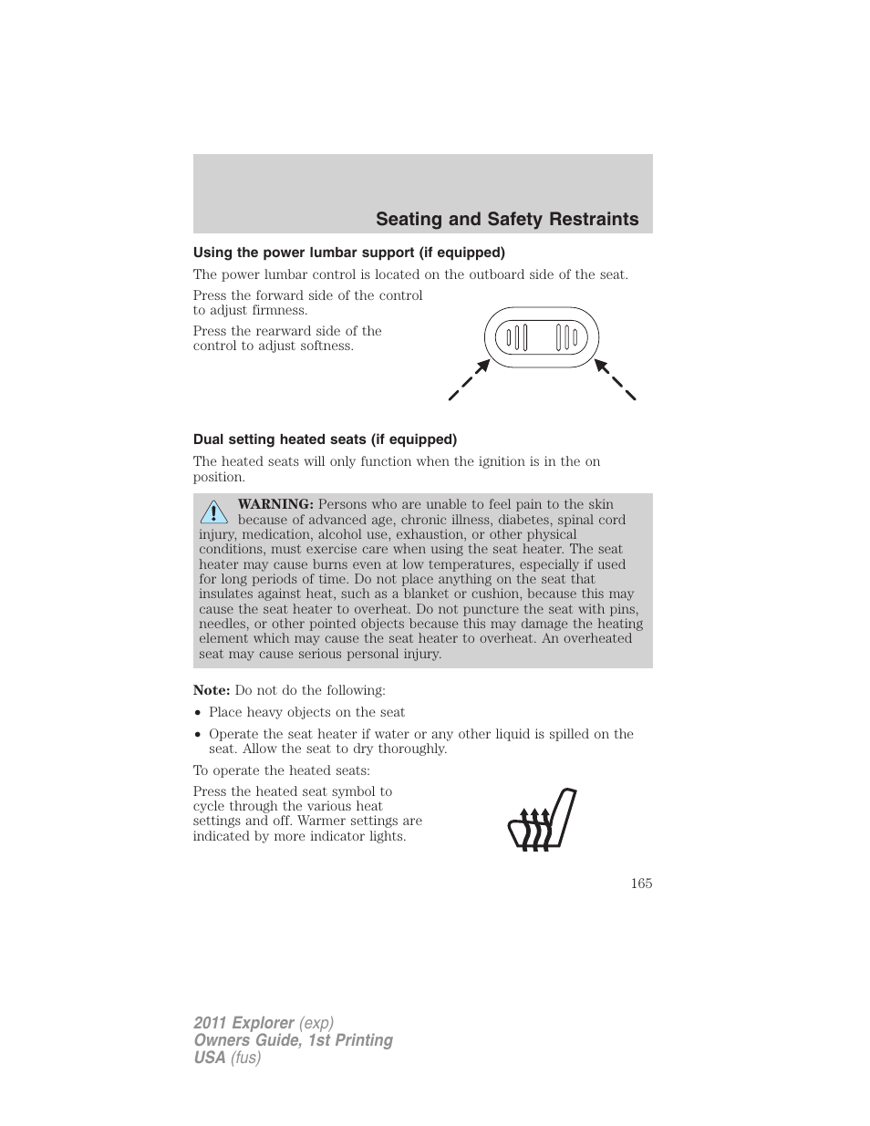 Using the power lumbar support (if equipped), Dual setting heated seats (if equipped), Seating and safety restraints | FORD 2011 Explorer v.1 User Manual | Page 166 / 449