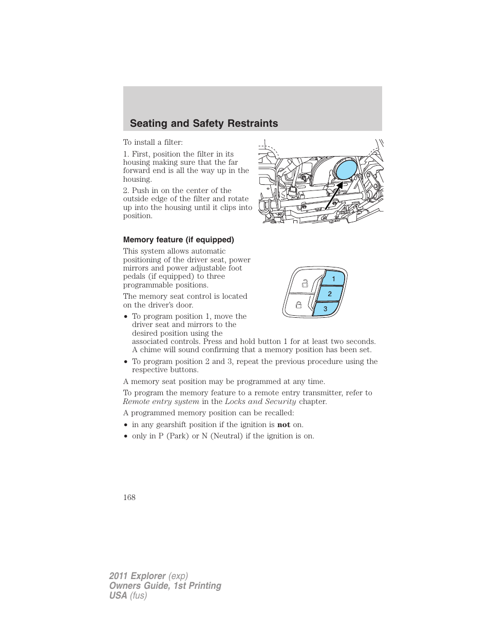 Memory feature (if equipped), Seating and safety restraints | FORD 2011 Explorer v.1 User Manual | Page 169 / 449