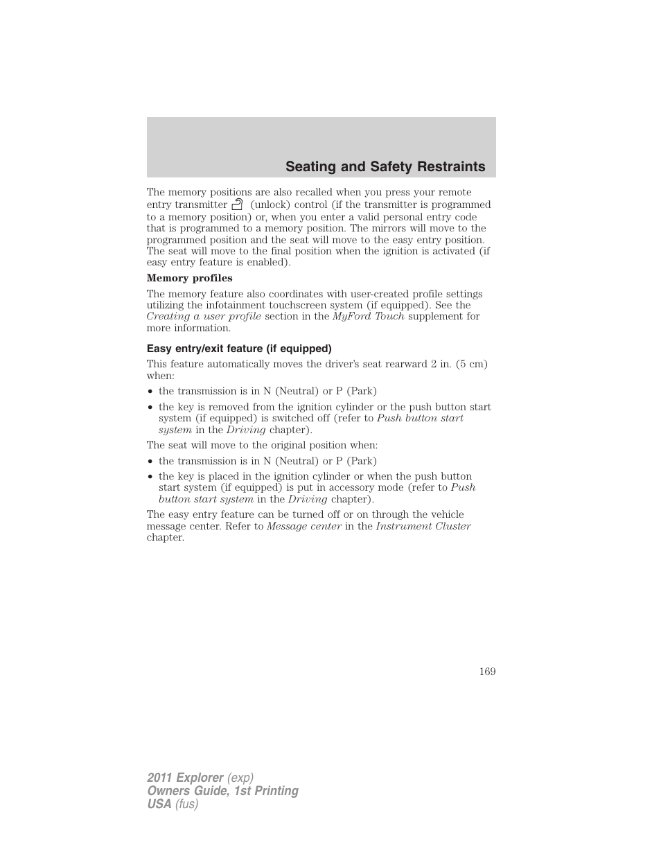Easy entry/exit feature (if equipped), Seating and safety restraints | FORD 2011 Explorer v.1 User Manual | Page 170 / 449