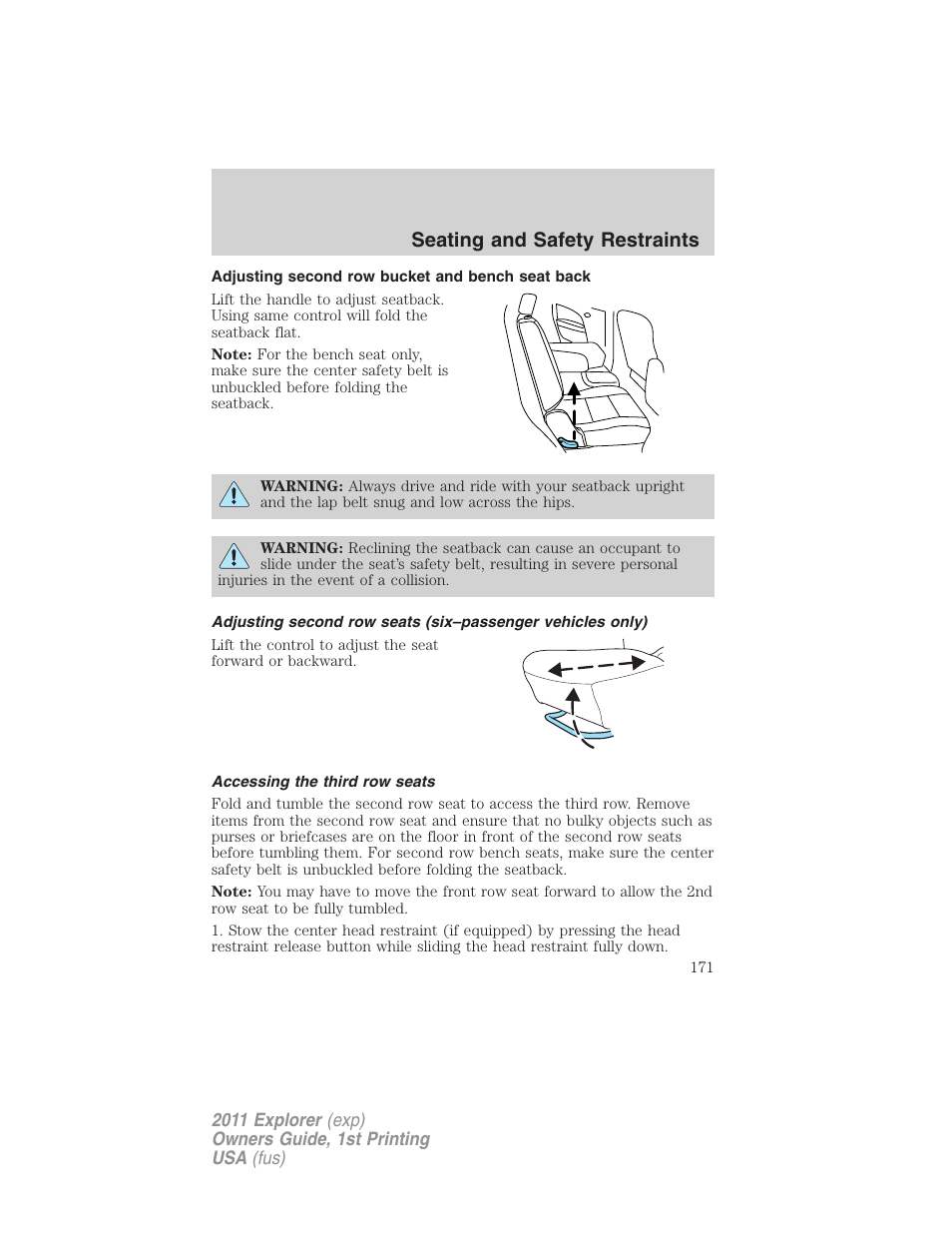 Adjusting second row bucket and bench seat back, Accessing the third row seats, Seating and safety restraints | FORD 2011 Explorer v.1 User Manual | Page 172 / 449