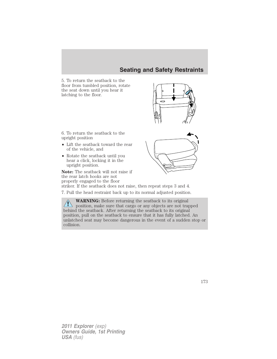 Seating and safety restraints | FORD 2011 Explorer v.1 User Manual | Page 174 / 449