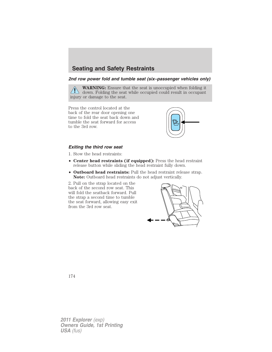 Exiting the third row seat, Seating and safety restraints | FORD 2011 Explorer v.1 User Manual | Page 175 / 449