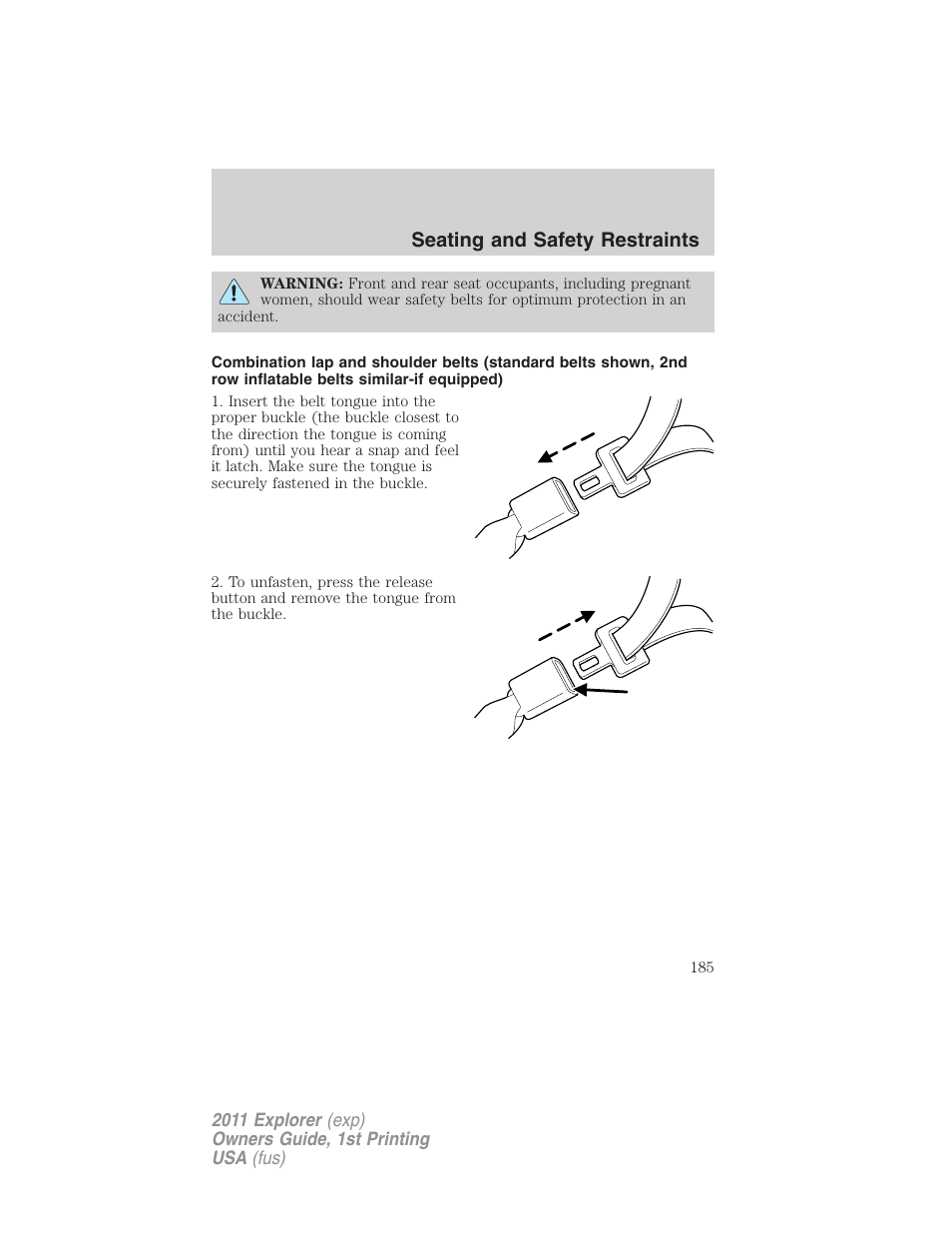 Seating and safety restraints | FORD 2011 Explorer v.1 User Manual | Page 186 / 449