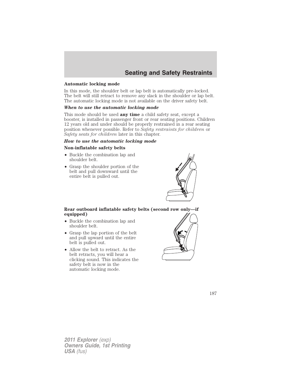Seating and safety restraints | FORD 2011 Explorer v.1 User Manual | Page 188 / 449