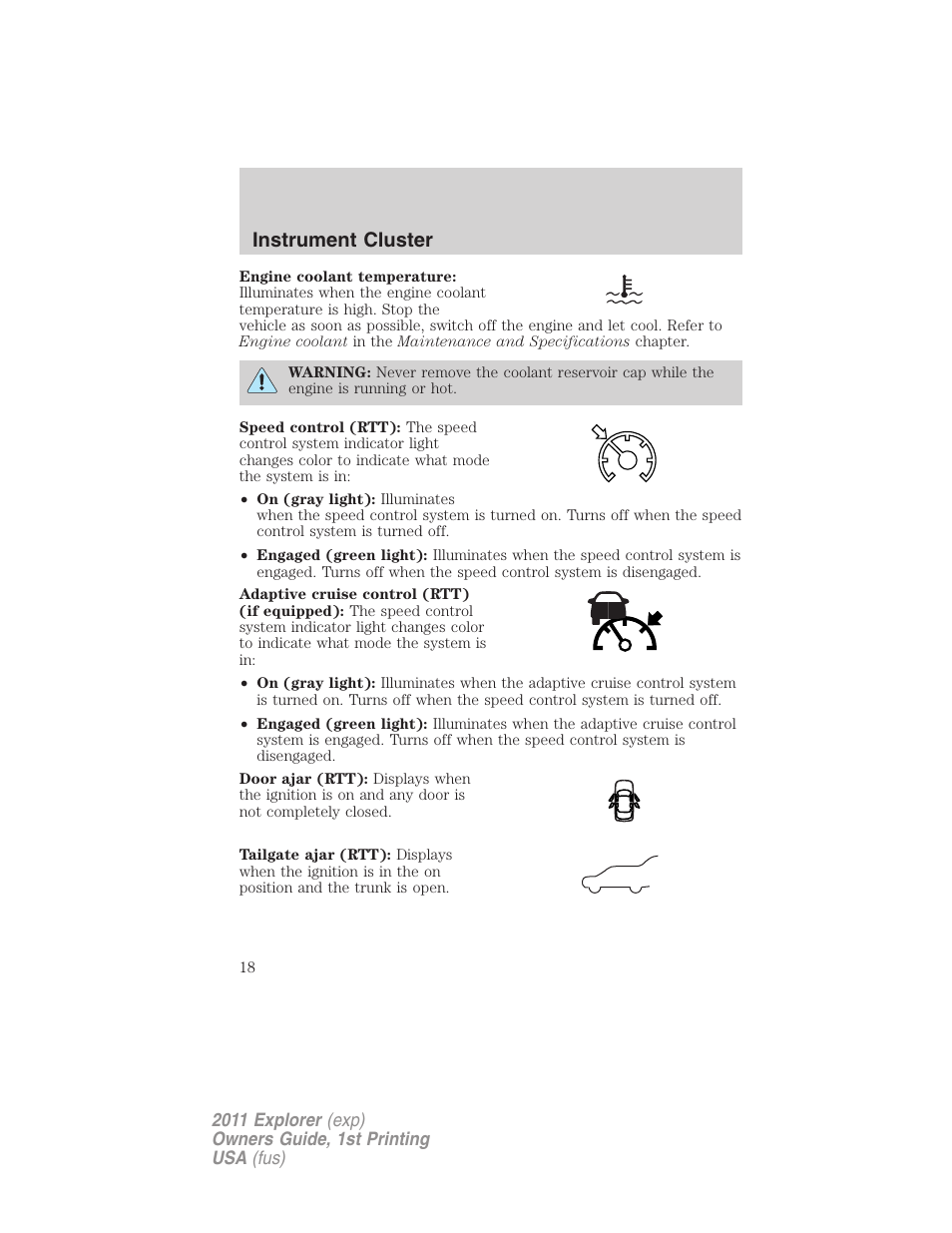 Instrument cluster | FORD 2011 Explorer v.1 User Manual | Page 19 / 449