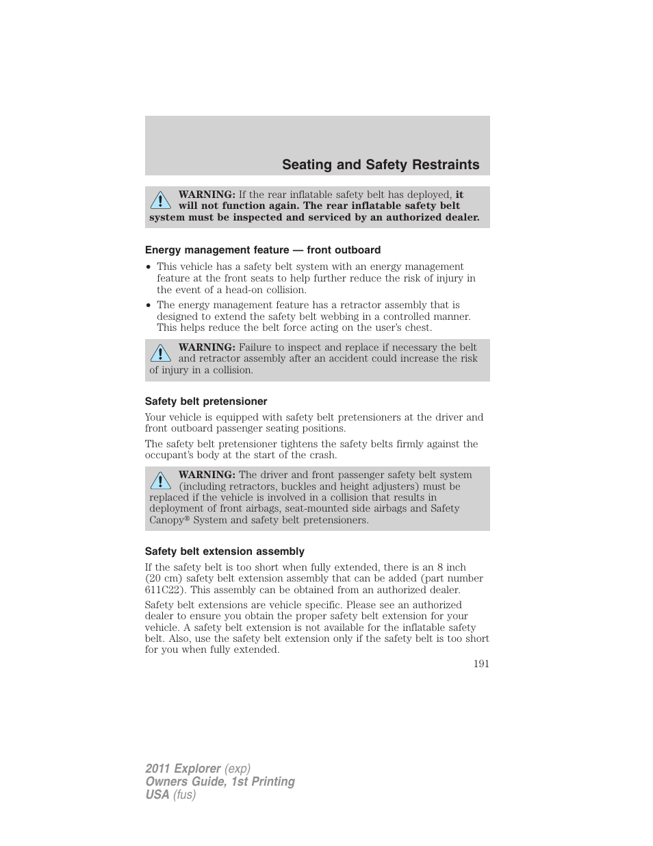 Energy management feature — front outboard, Safety belt pretensioner, Safety belt extension assembly | Seating and safety restraints | FORD 2011 Explorer v.1 User Manual | Page 192 / 449