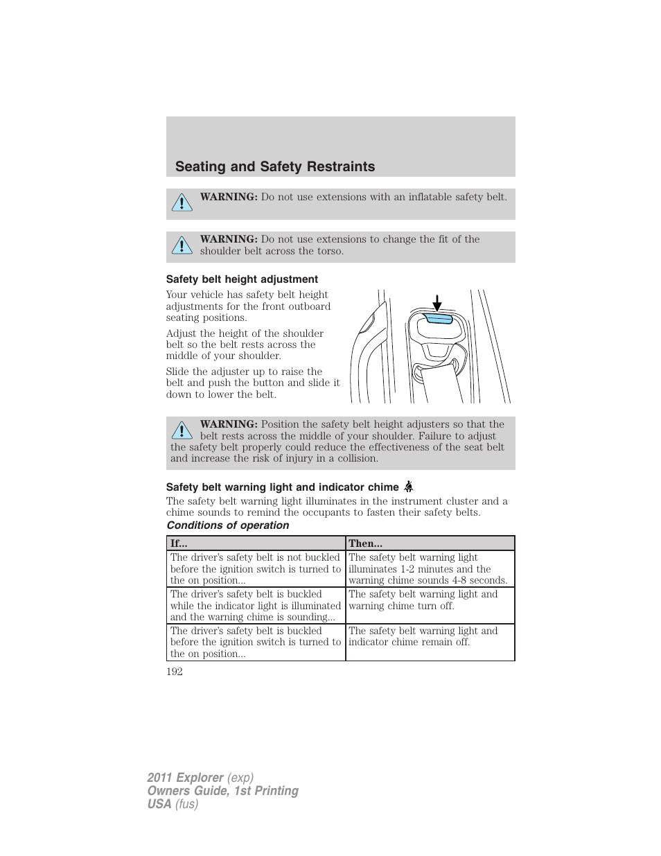 Safety belt height adjustment, Safety belt warning light and indicator chime, Conditions of operation | Seating and safety restraints | FORD 2011 Explorer v.1 User Manual | Page 193 / 449