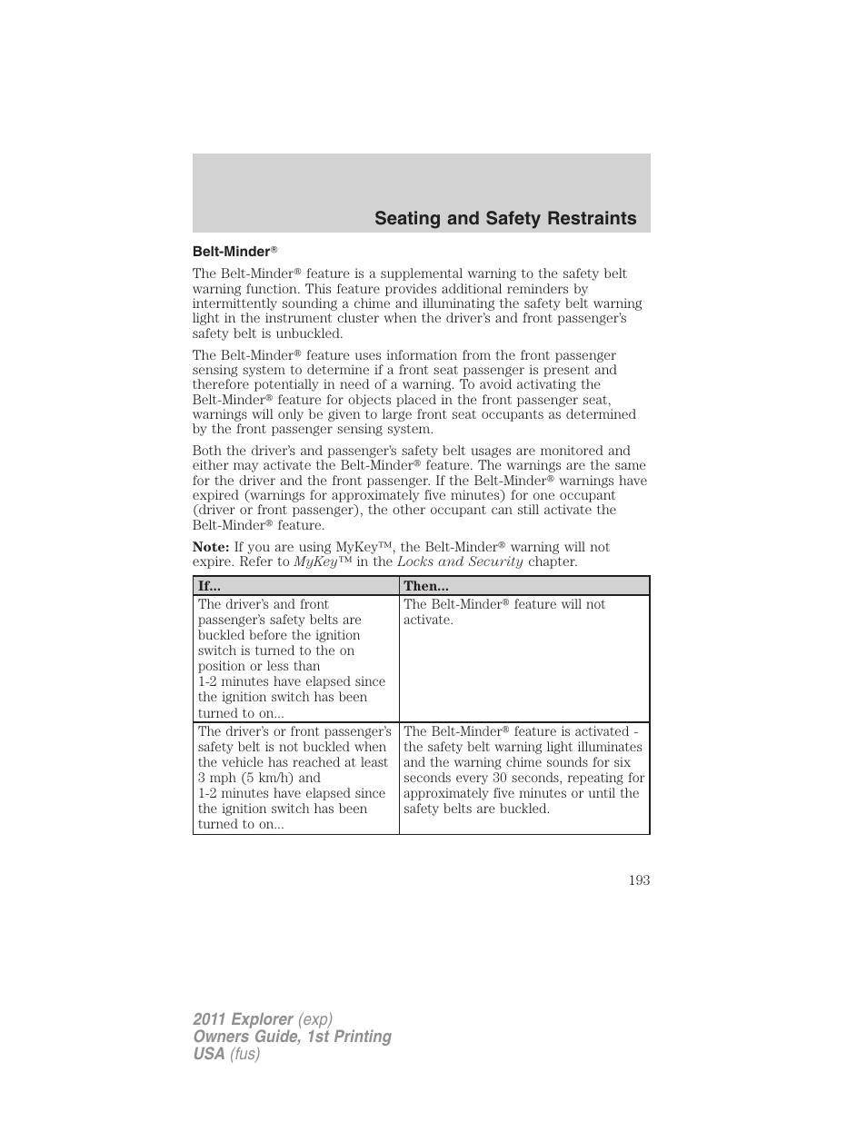 Belt-minder, Seating and safety restraints | FORD 2011 Explorer v.1 User Manual | Page 194 / 449