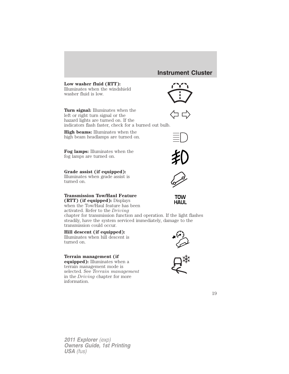 Instrument cluster | FORD 2011 Explorer v.1 User Manual | Page 20 / 449