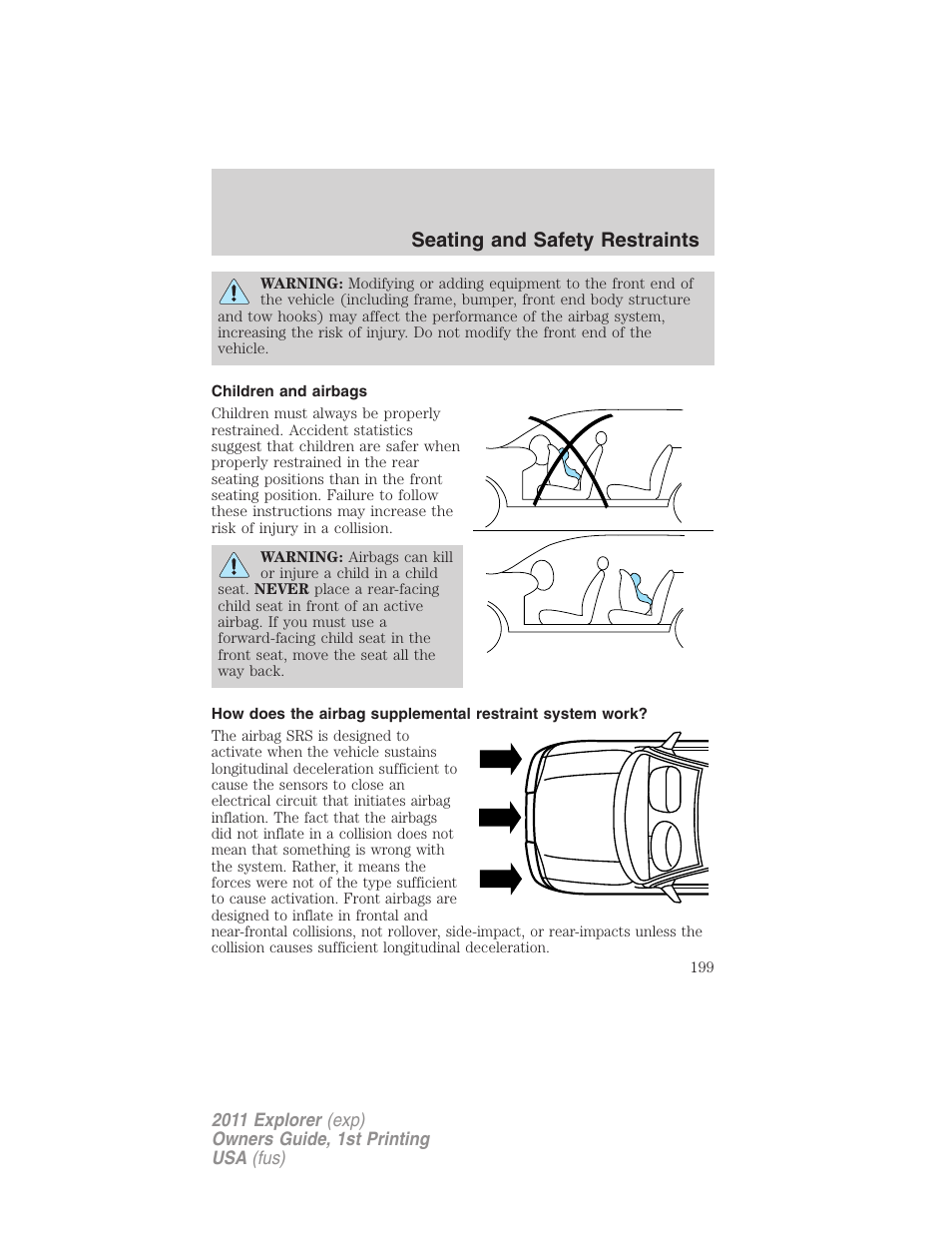 Children and airbags, Seating and safety restraints | FORD 2011 Explorer v.1 User Manual | Page 200 / 449
