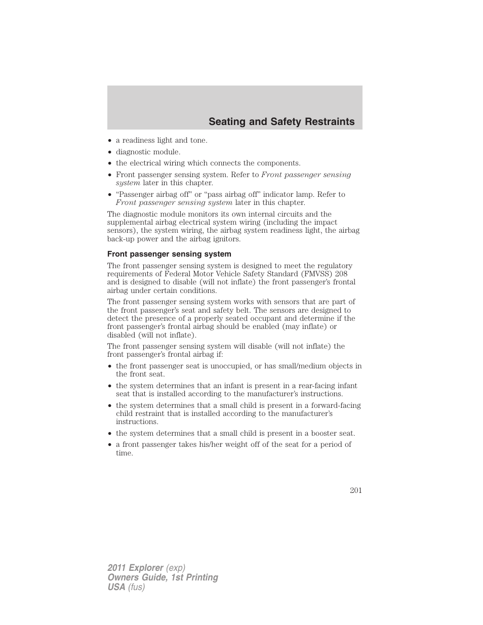 Front passenger sensing system, Seating and safety restraints | FORD 2011 Explorer v.1 User Manual | Page 202 / 449