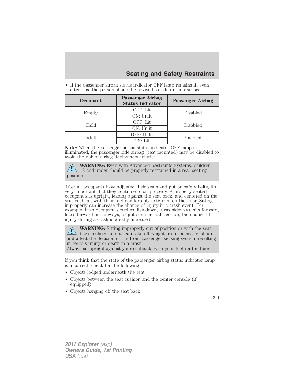 Seating and safety restraints | FORD 2011 Explorer v.1 User Manual | Page 204 / 449