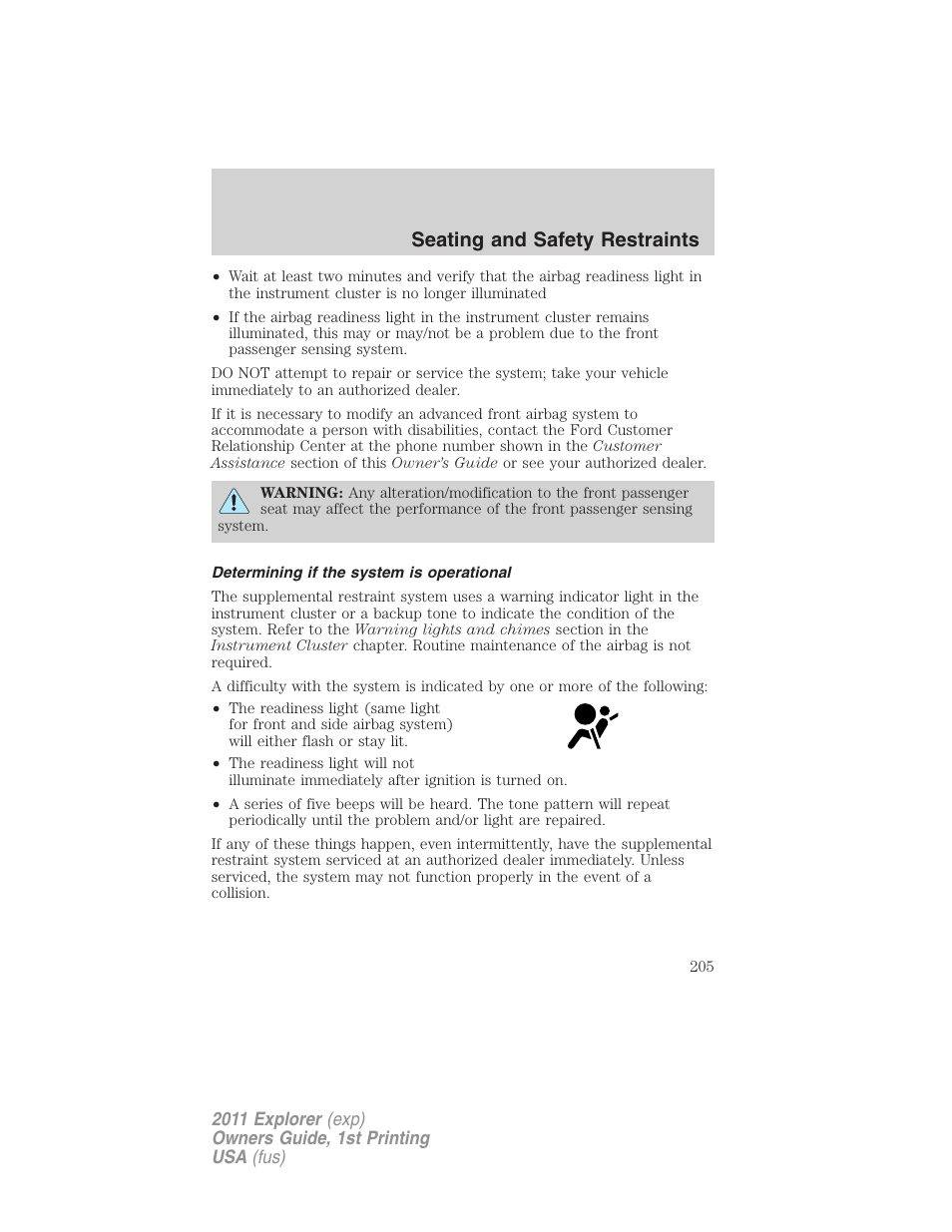 Determining if the system is operational, Seating and safety restraints | FORD 2011 Explorer v.1 User Manual | Page 206 / 449