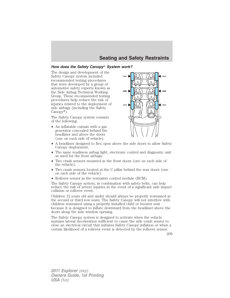 How does the safety canopy system work, Seating and safety restraints | FORD 2011 Explorer v.1 User Manual | Page 210 / 449