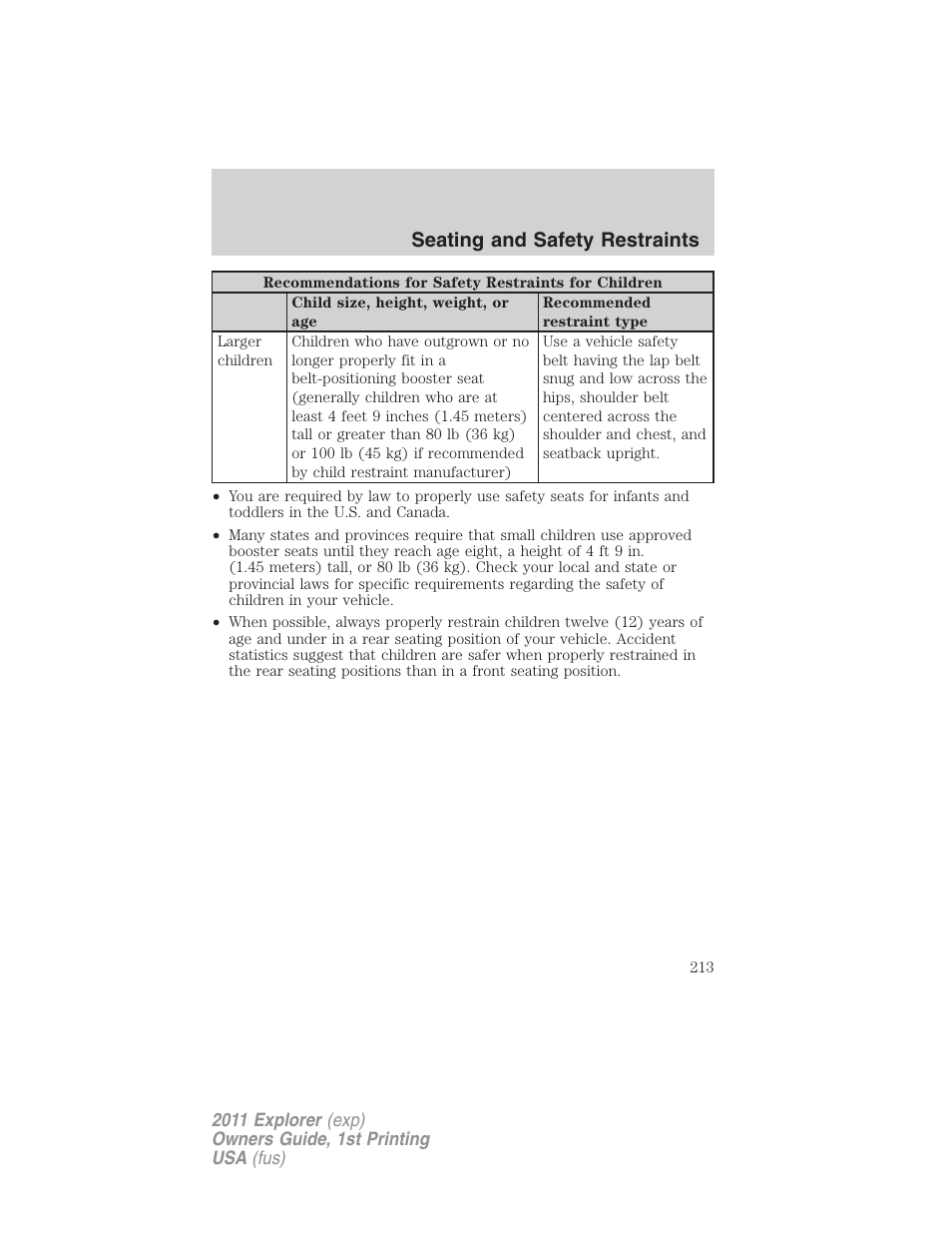 Seating and safety restraints | FORD 2011 Explorer v.1 User Manual | Page 214 / 449