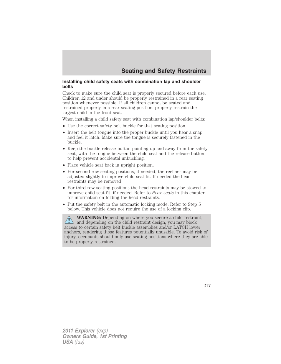 Seating and safety restraints | FORD 2011 Explorer v.1 User Manual | Page 218 / 449