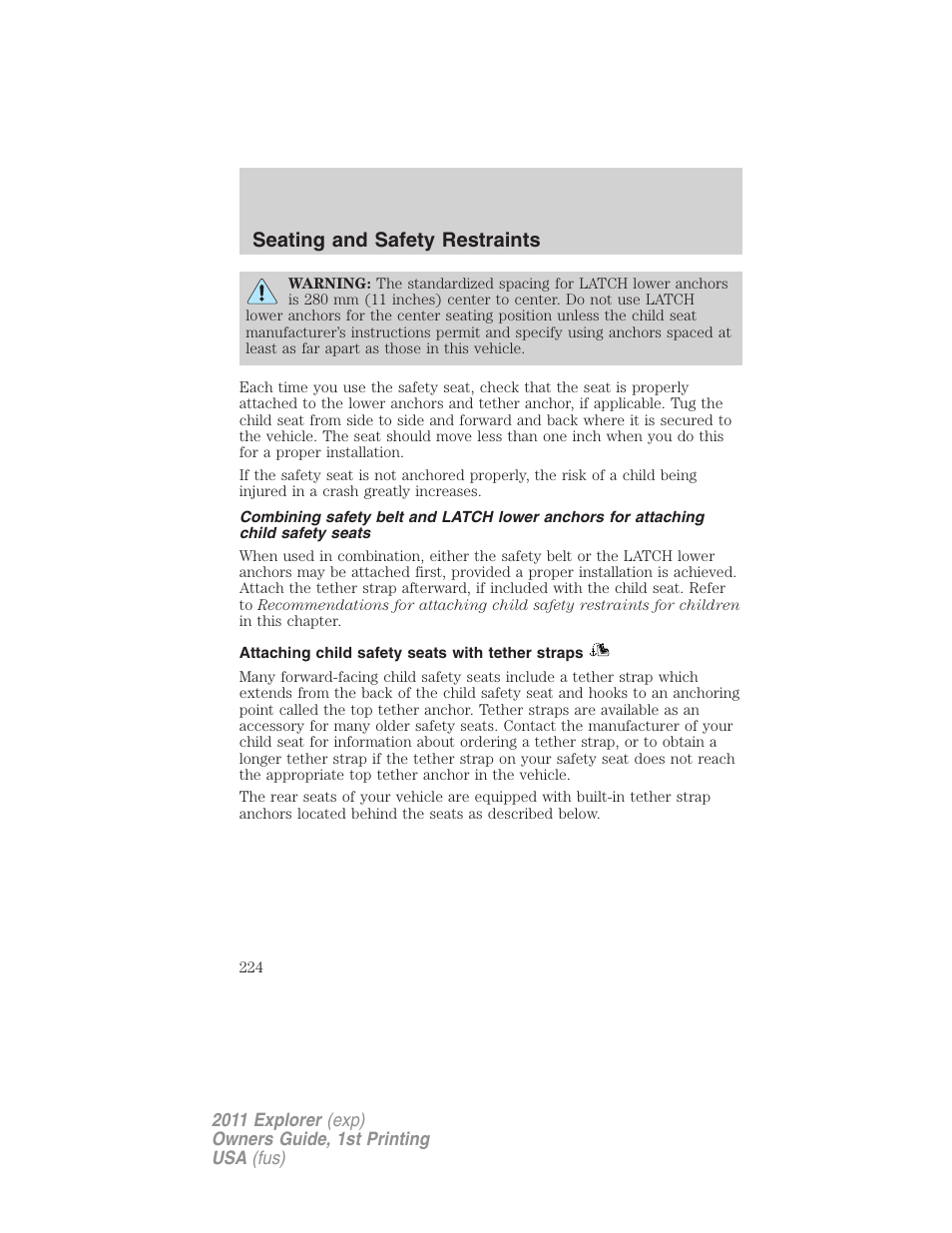 Attaching child safety seats with tether straps, Seating and safety restraints | FORD 2011 Explorer v.1 User Manual | Page 225 / 449