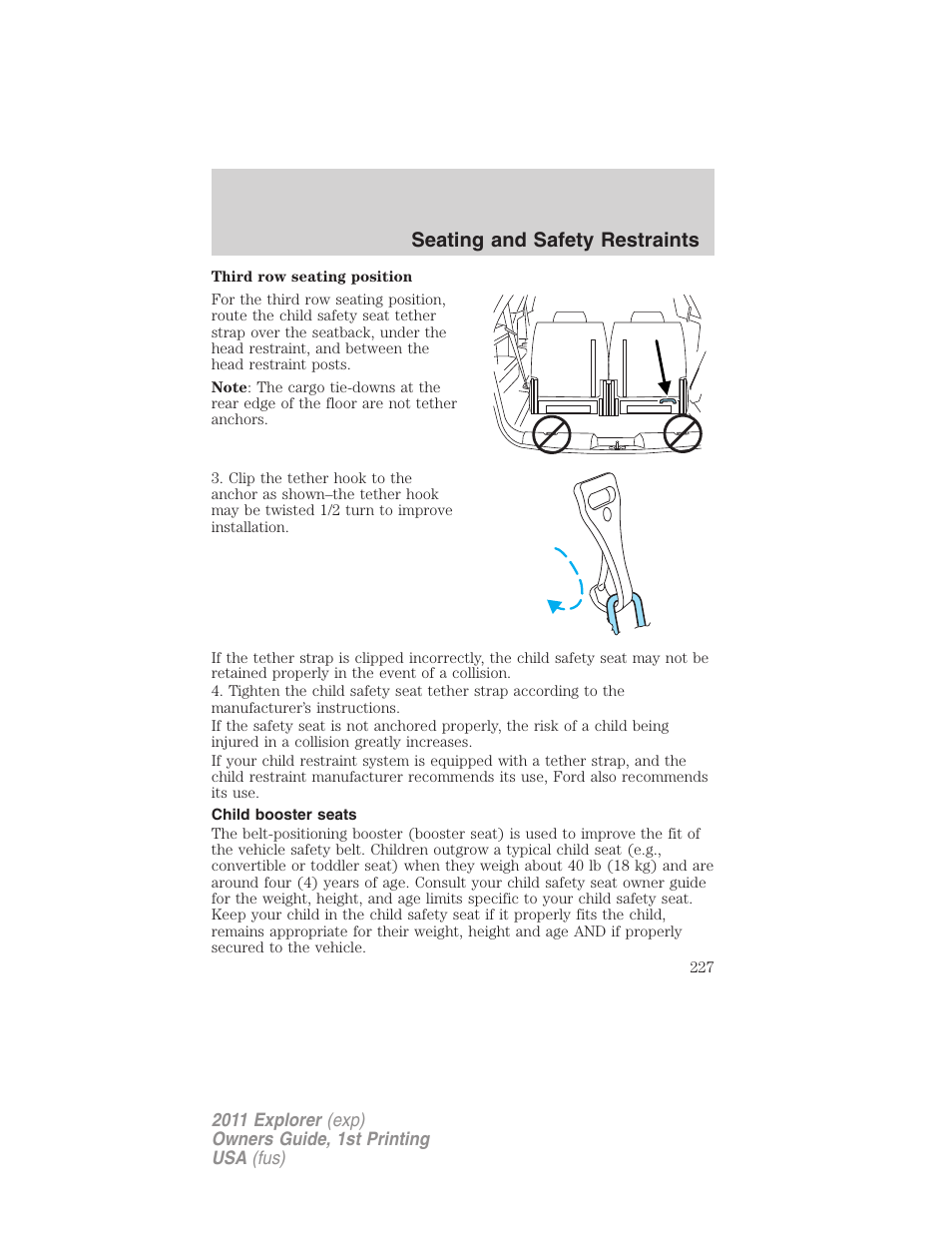 Child booster seats, Seating and safety restraints | FORD 2011 Explorer v.1 User Manual | Page 228 / 449