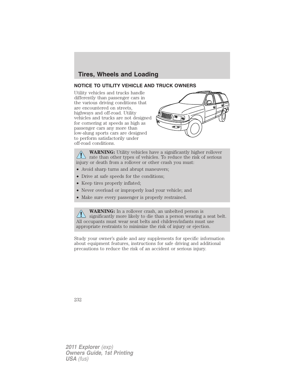 Tires, wheels and loading, Notice to utility vehicle and truck owners | FORD 2011 Explorer v.1 User Manual | Page 233 / 449