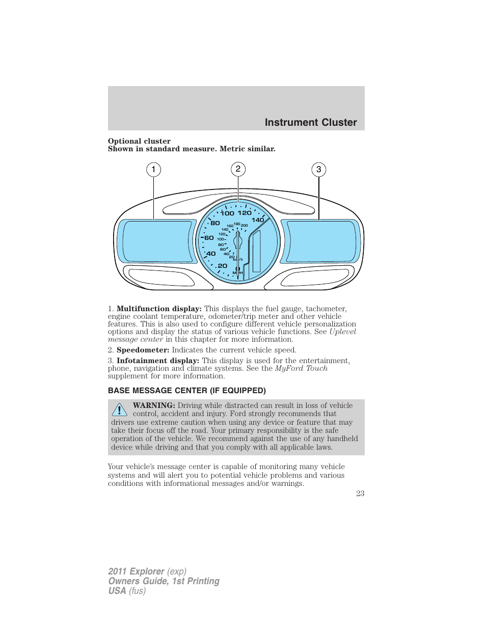 Base message center (if equipped), Message center, Instrument cluster | FORD 2011 Explorer v.1 User Manual | Page 24 / 449