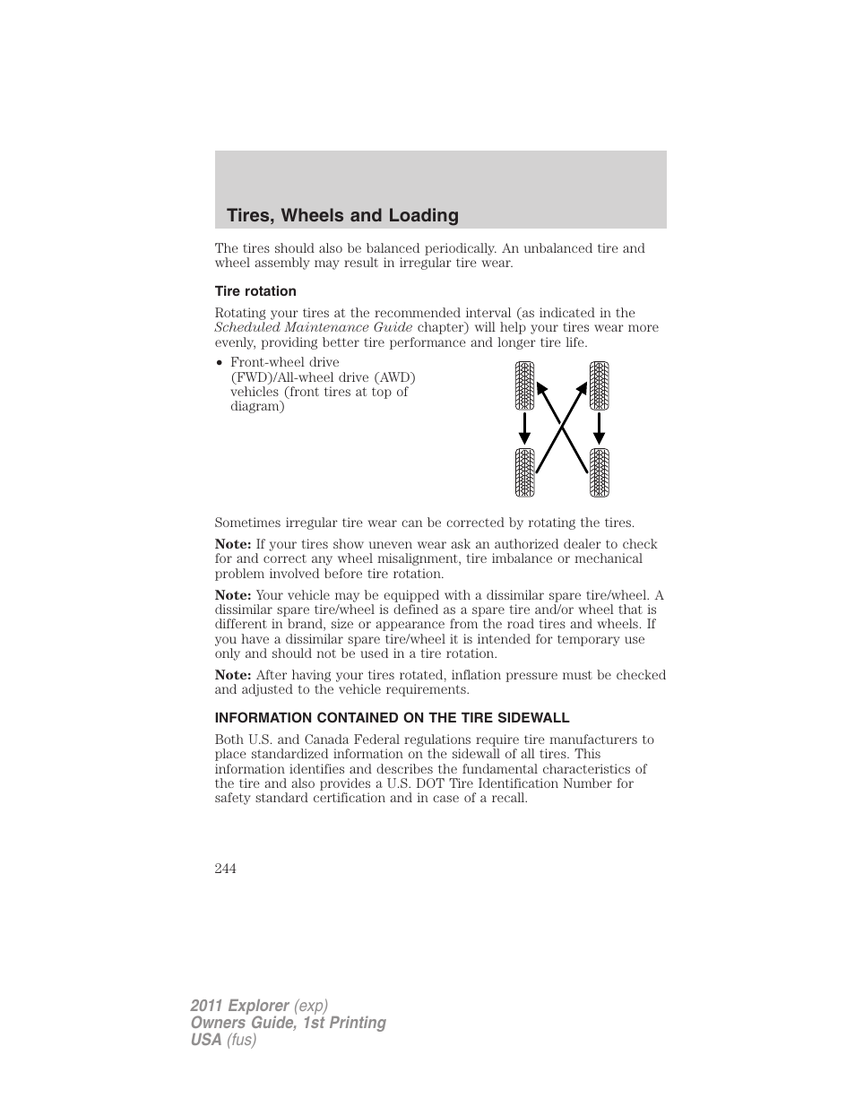 Tire rotation, Information contained on the tire sidewall, Tires, wheels and loading | FORD 2011 Explorer v.1 User Manual | Page 245 / 449