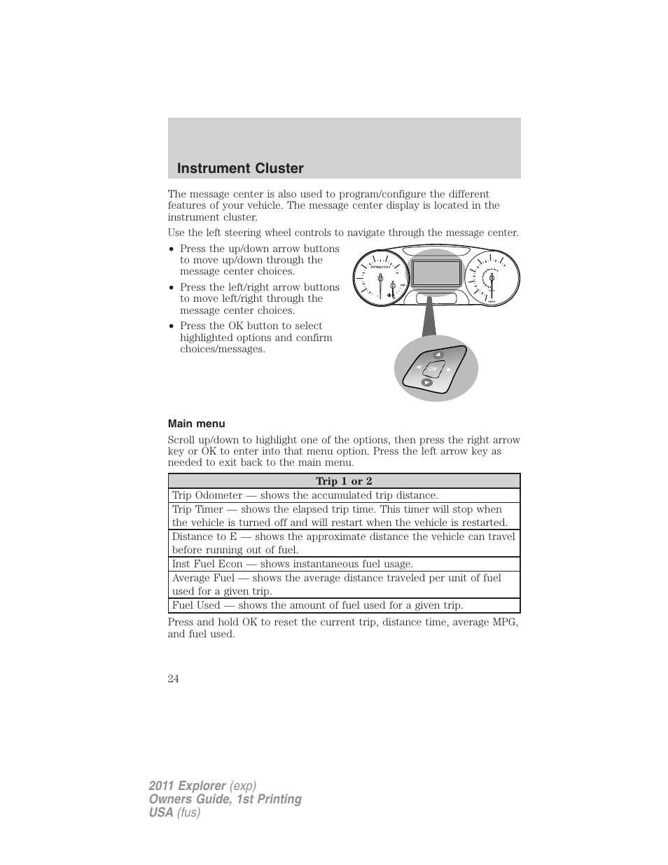 Main menu, Instrument cluster | FORD 2011 Explorer v.1 User Manual | Page 25 / 449