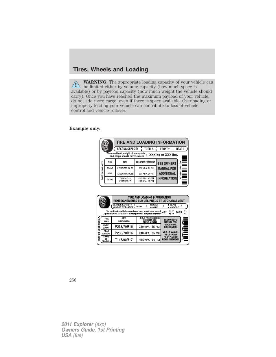 Tires, wheels and loading | FORD 2011 Explorer v.1 User Manual | Page 257 / 449