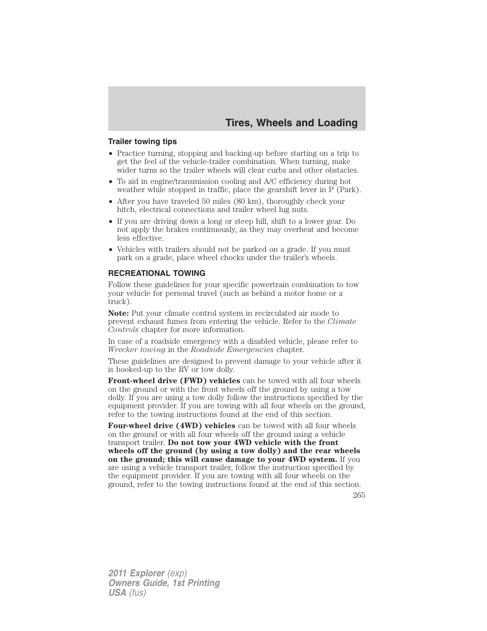 Trailer towing tips, Recreational towing, Tires, wheels and loading | FORD 2011 Explorer v.1 User Manual | Page 266 / 449