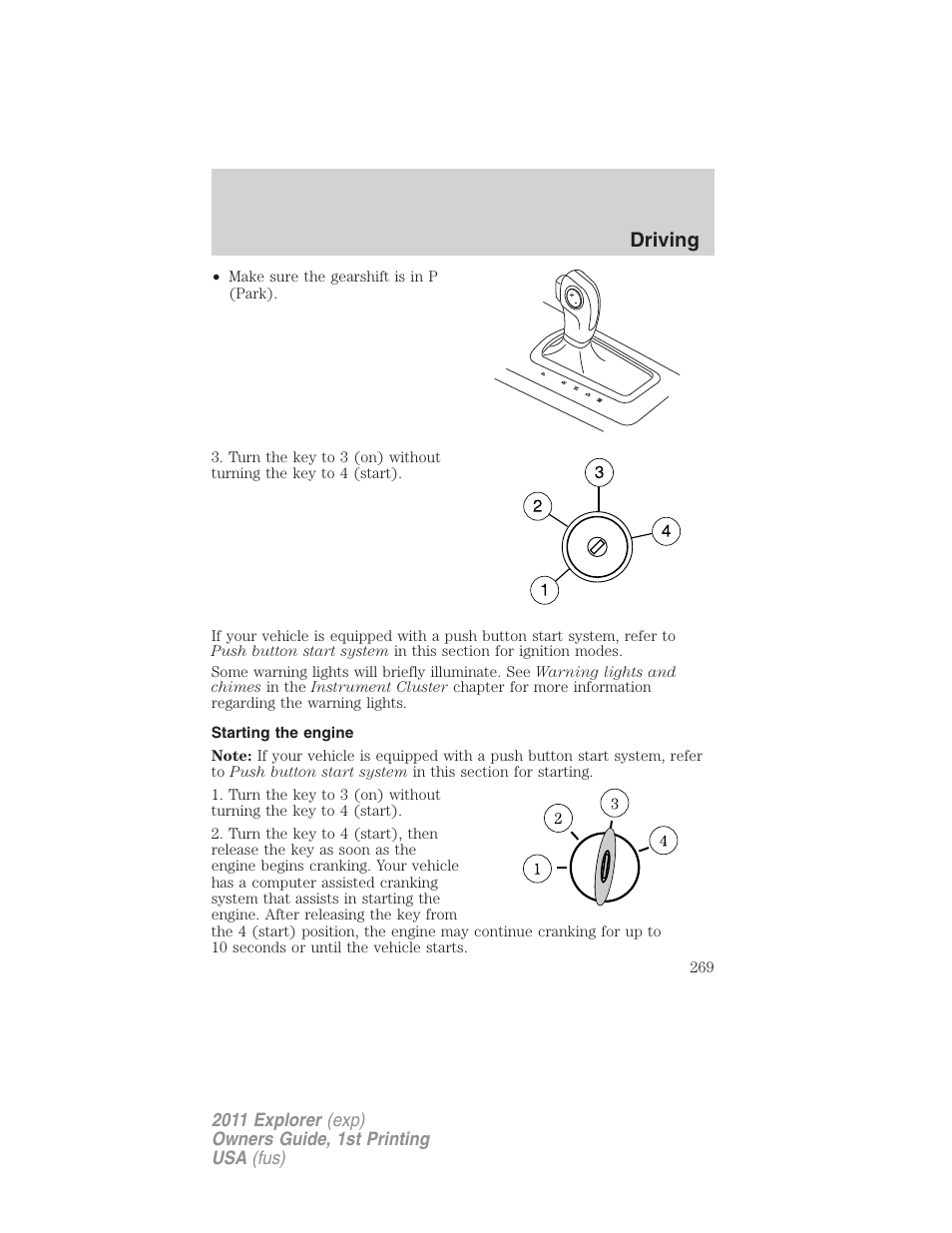 Starting the engine, Driving | FORD 2011 Explorer v.1 User Manual | Page 270 / 449