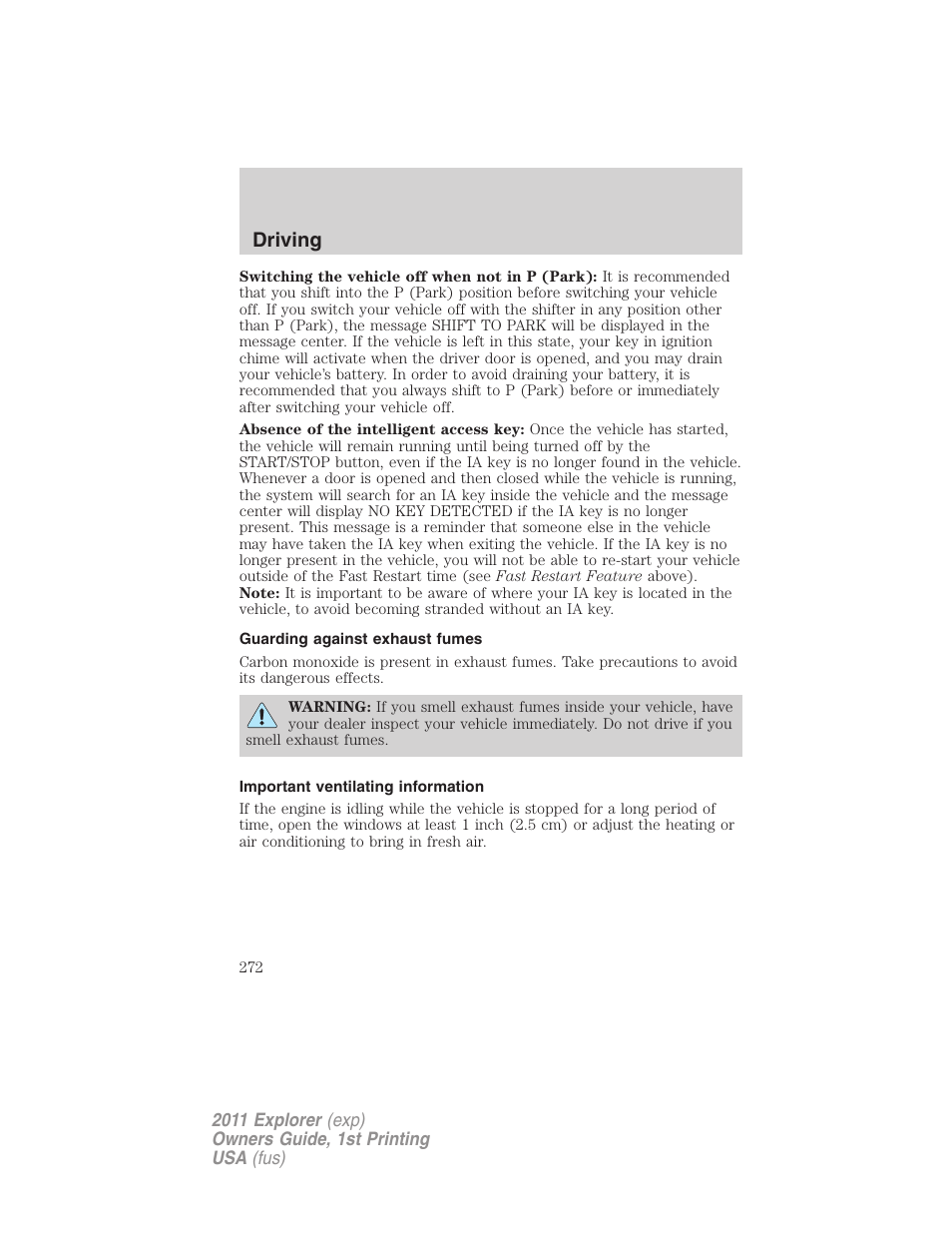 Guarding against exhaust fumes, Important ventilating information, Driving | FORD 2011 Explorer v.1 User Manual | Page 273 / 449
