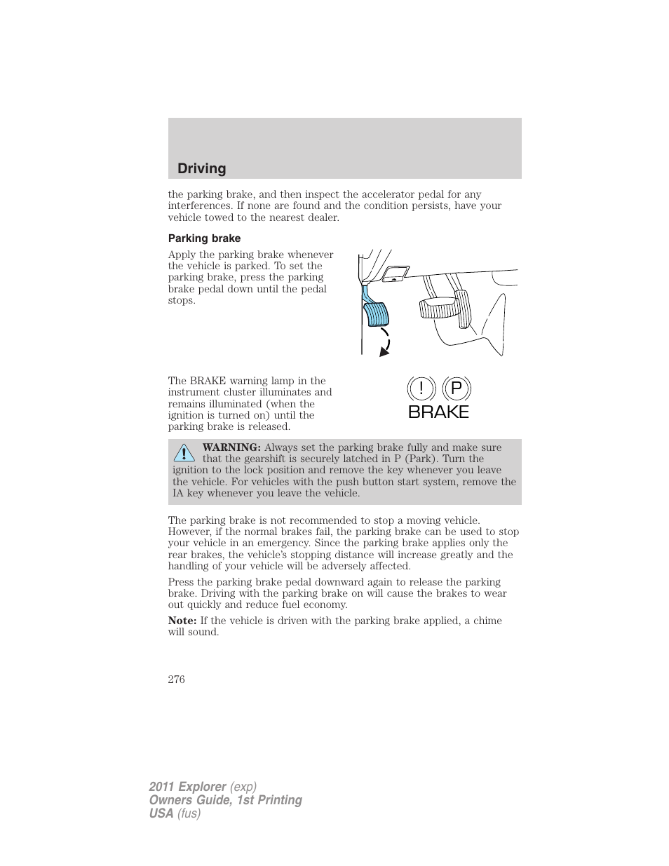 Parking brake, P! brake | FORD 2011 Explorer v.1 User Manual | Page 277 / 449