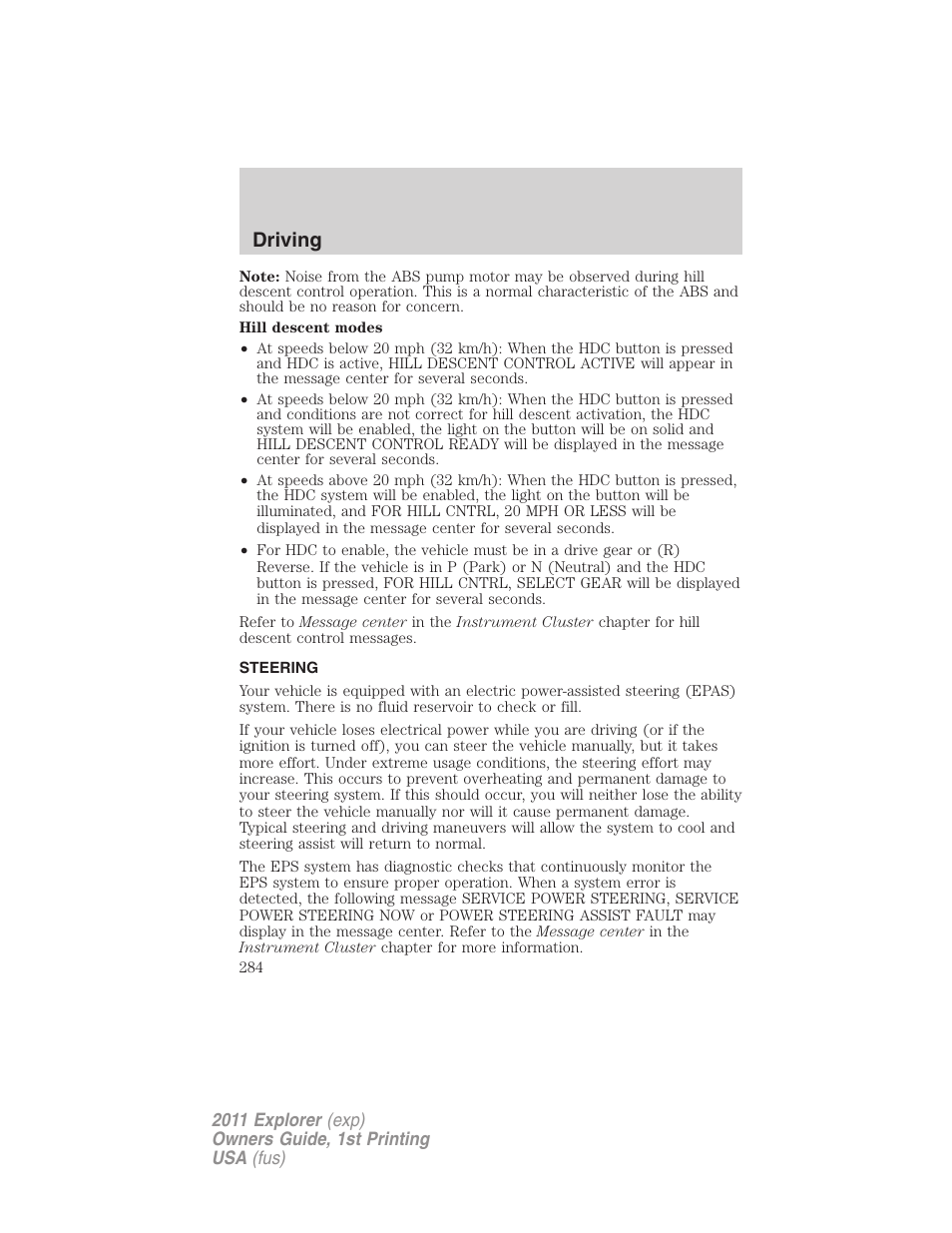 Steering, Driving | FORD 2011 Explorer v.1 User Manual | Page 285 / 449