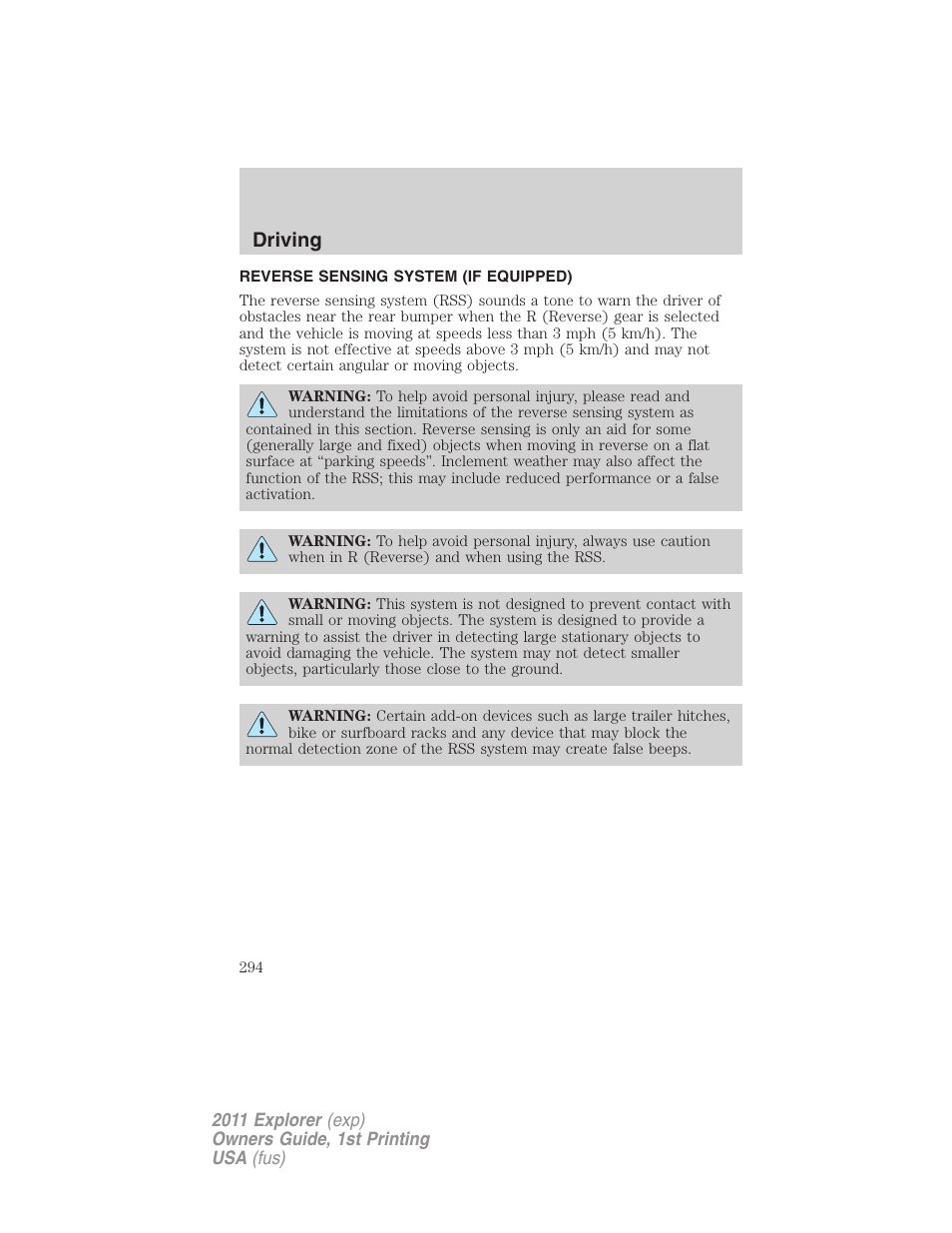 Reverse sensing system (if equipped), Reverse sensing system, Driving | FORD 2011 Explorer v.1 User Manual | Page 295 / 449